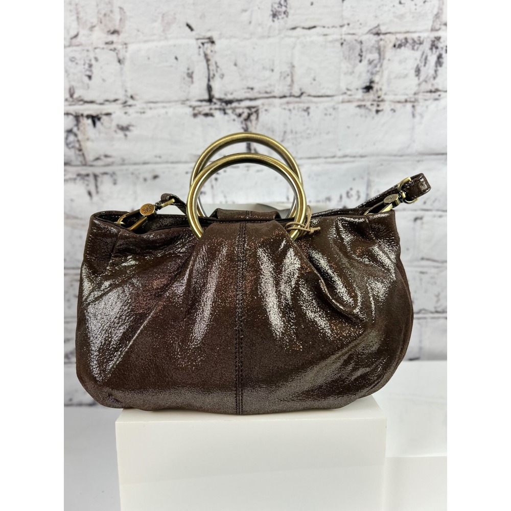 Hobo Brown Leather Metallic‎ Ring Handle Shoulder Bag Purse - Picture 2 of 12
